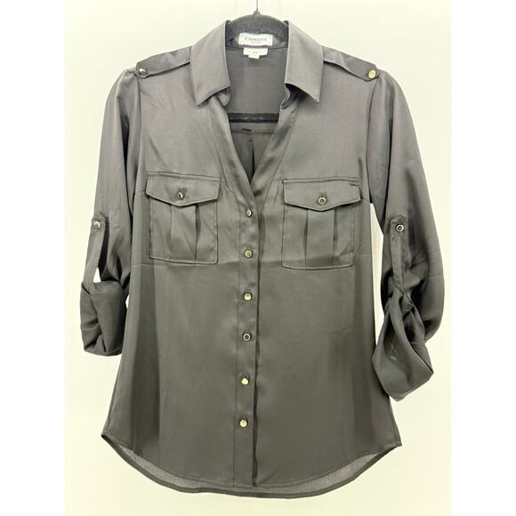 Express Portofino Slim Black Satin Epaulettes Top - Picture 1 of 6